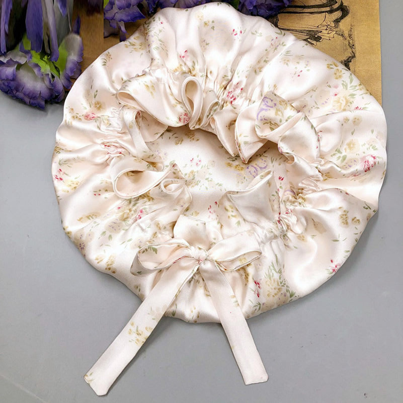 LuxeSilk - Podwójna Jedwabna Czapka do Spania z Wstążką