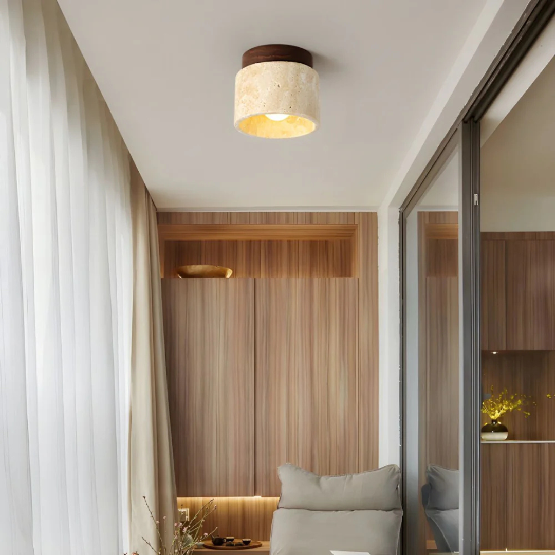 Radia - Cylindrical Ceiling Lamp with Travertine and Wooden Accent
