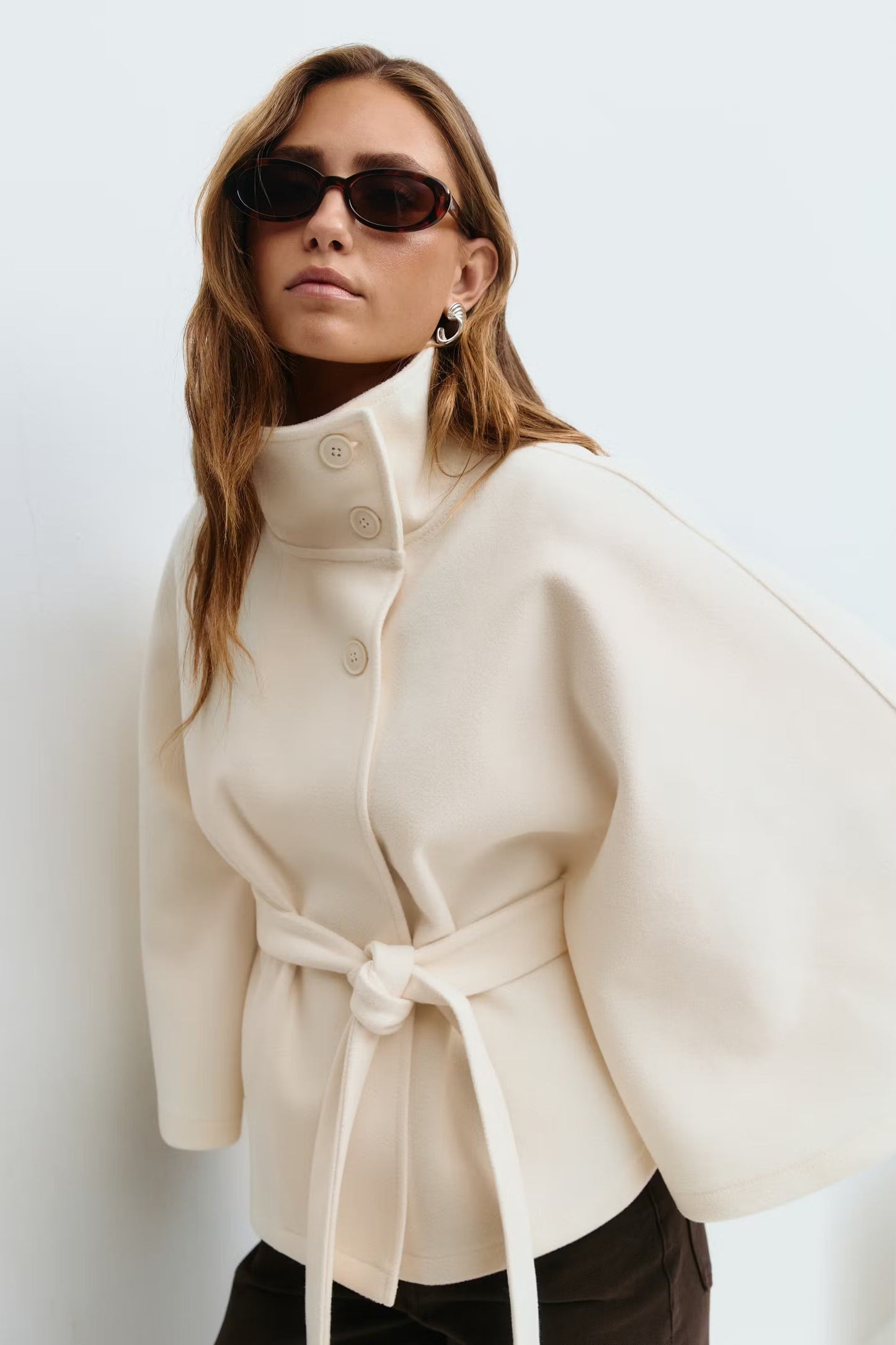 Clara Capejas | Women's Coat with Cape Sleeves, High Collar, and Belt