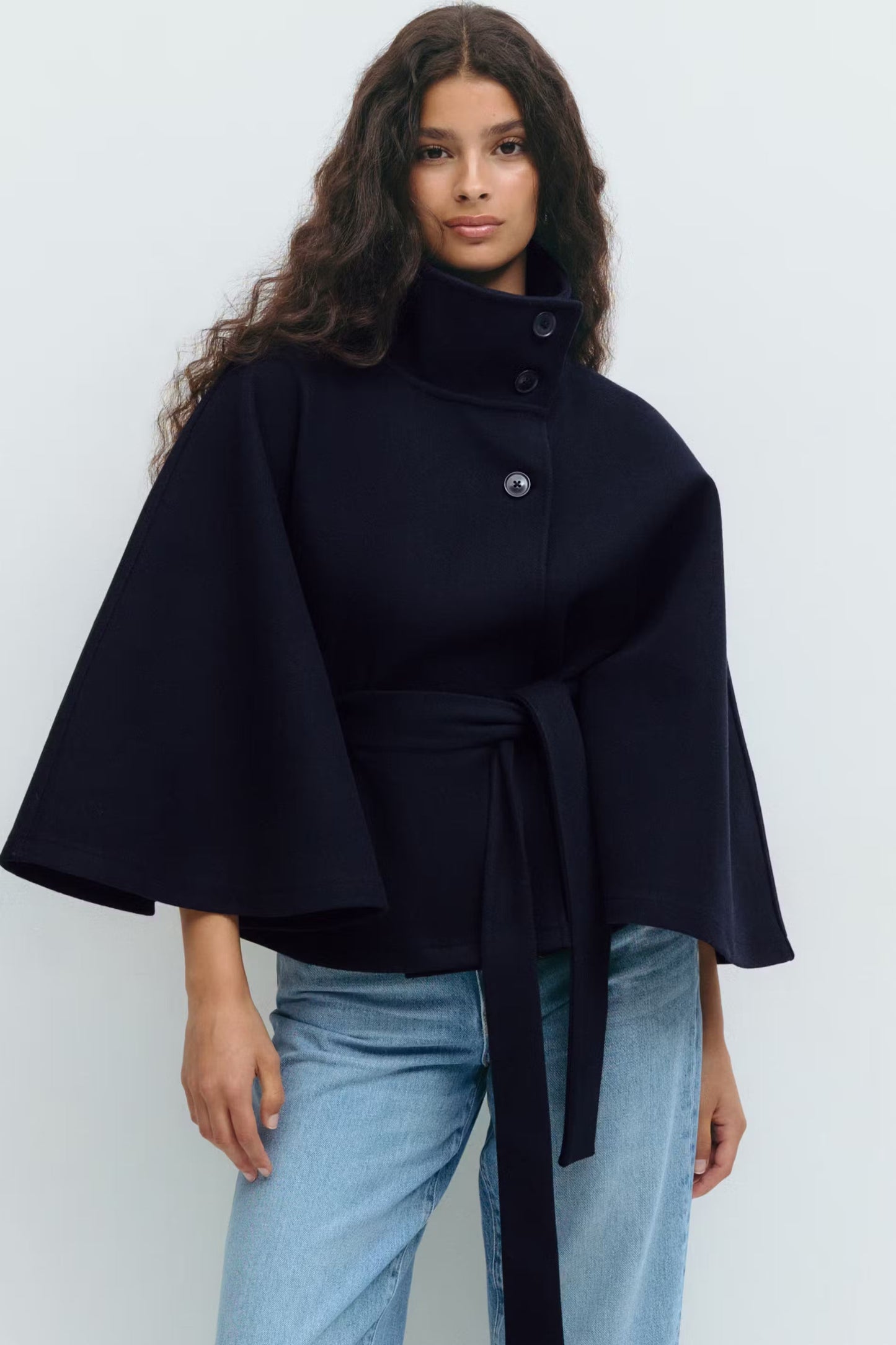Clara Capejas | Women's Coat with Cape Sleeves, High Collar, and Belt