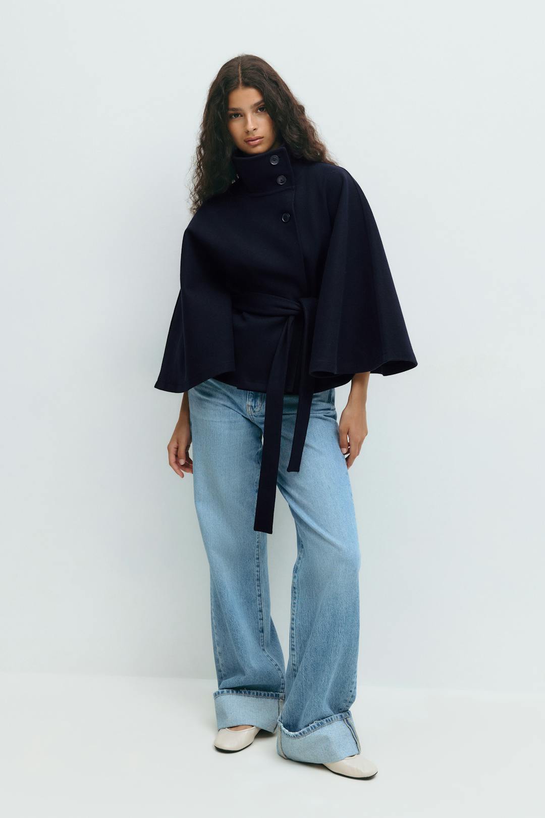 Clara Capejas | Women's Coat with Cape Sleeves, High Collar, and Belt