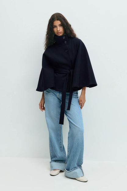 Clara Capejas | Women's Coat with Cape Sleeves, High Collar, and Belt