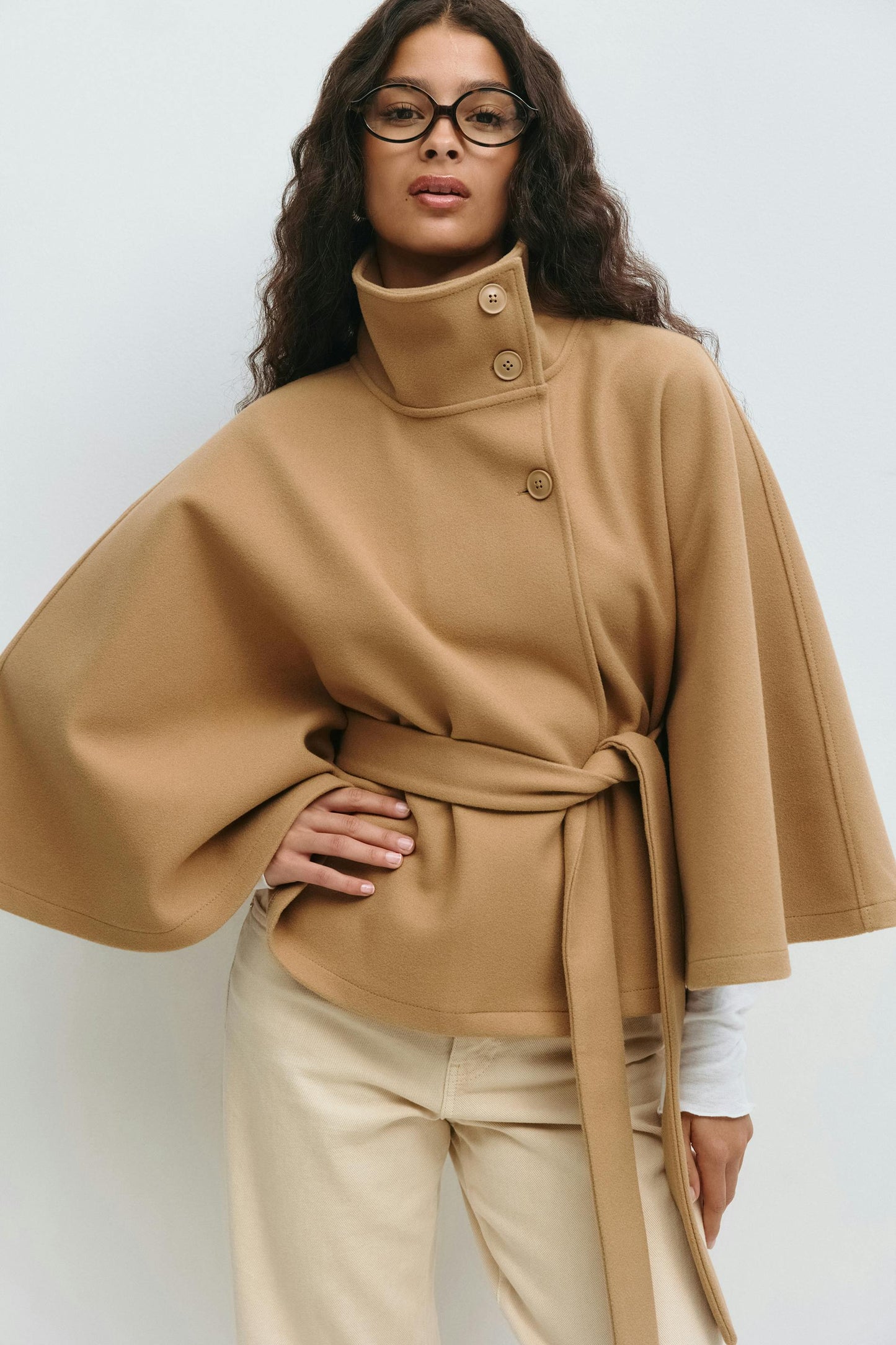 Clara Capejas | Women's Coat with Cape Sleeves, High Collar, and Belt