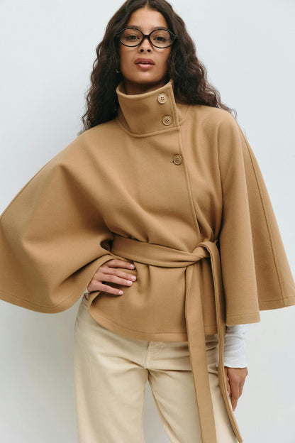 Clara Capejas | Women's Coat with Cape Sleeves, High Collar, and Belt