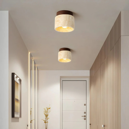 Radia - Cylindrical Ceiling Lamp with Travertine and Wooden Accent