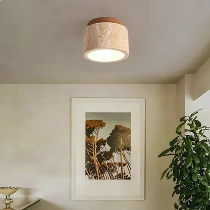 Radia - Cylindrical Ceiling Lamp with Travertine and Wooden Accent