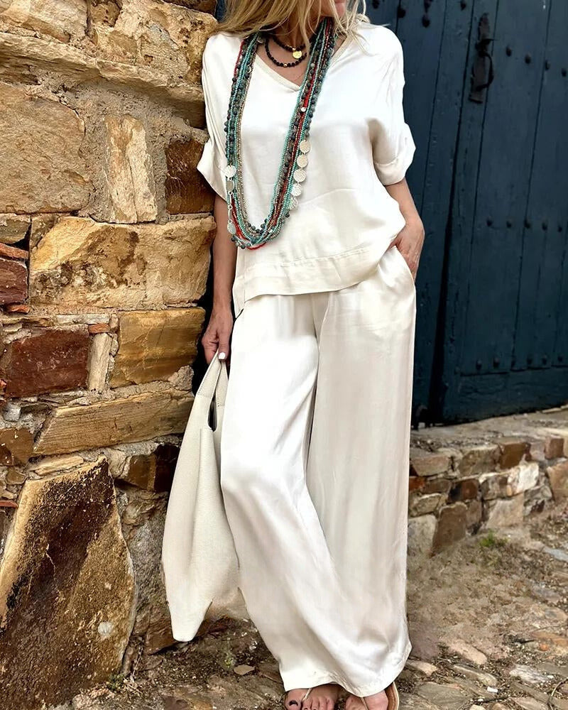 Rivera - Elegancka Biała Bluzka i Spodnie Niebiańskie