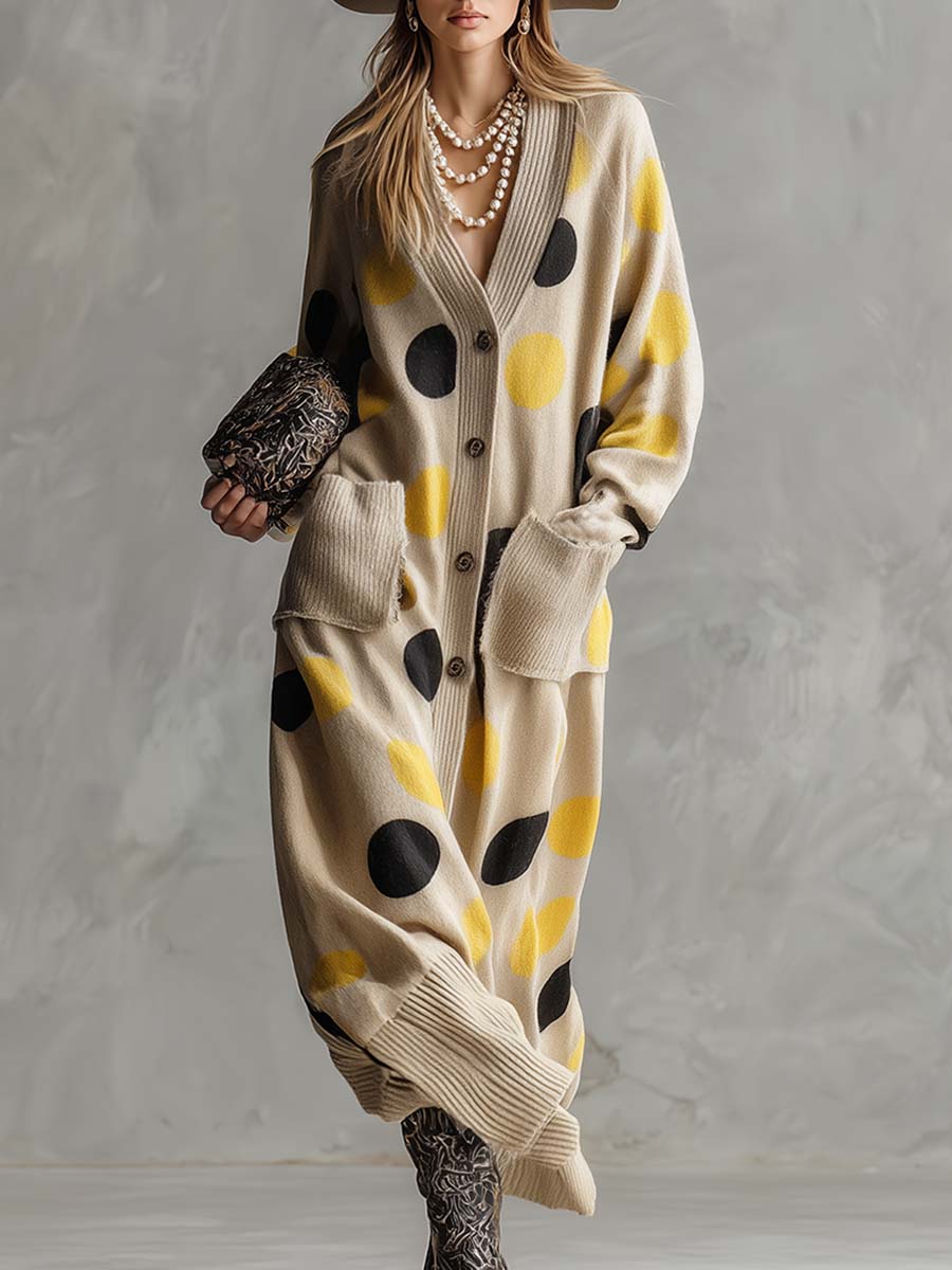 Vintage Style V-Neck Front Button Yellow and Black Polka Dot Dress with Beige Cardigan