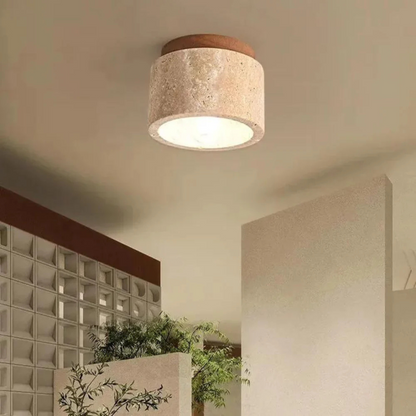 Radia - Cylindrical Ceiling Lamp with Travertine and Wooden Accent