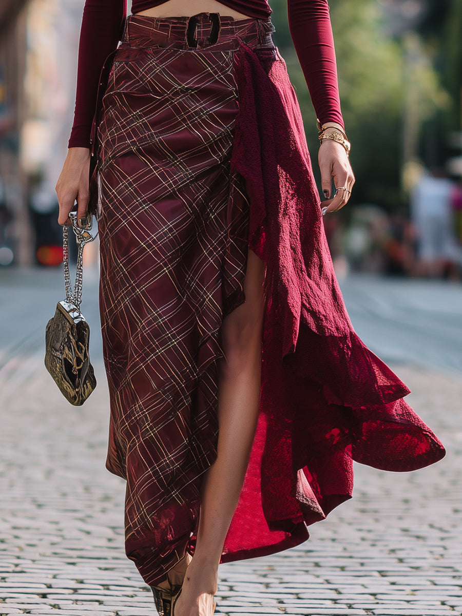 Casual Retro Red Plaid Patchwork Skirt