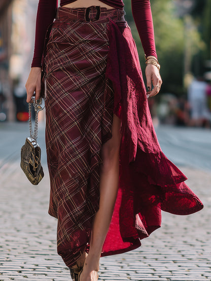 Casual Retro Red Plaid Patchwork Skirt