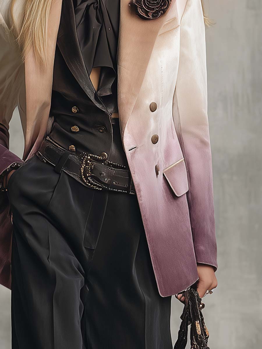 Elegancki Retro Żakiet z Klapami w Kształcie Szczytu z 3D Kwiatową Dekoracją w Beżowo-Fioletowym Gradientowym Welurze