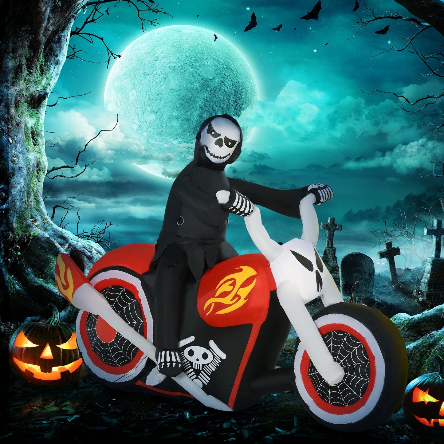 Straszący jeździec na motocyklu Halloween — nadmuchiwana dekoracja LED (180×55×120 cm)