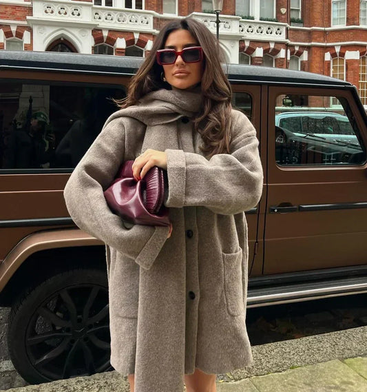 LD | Luźny Płaszcz Sweterkowy z Szalem