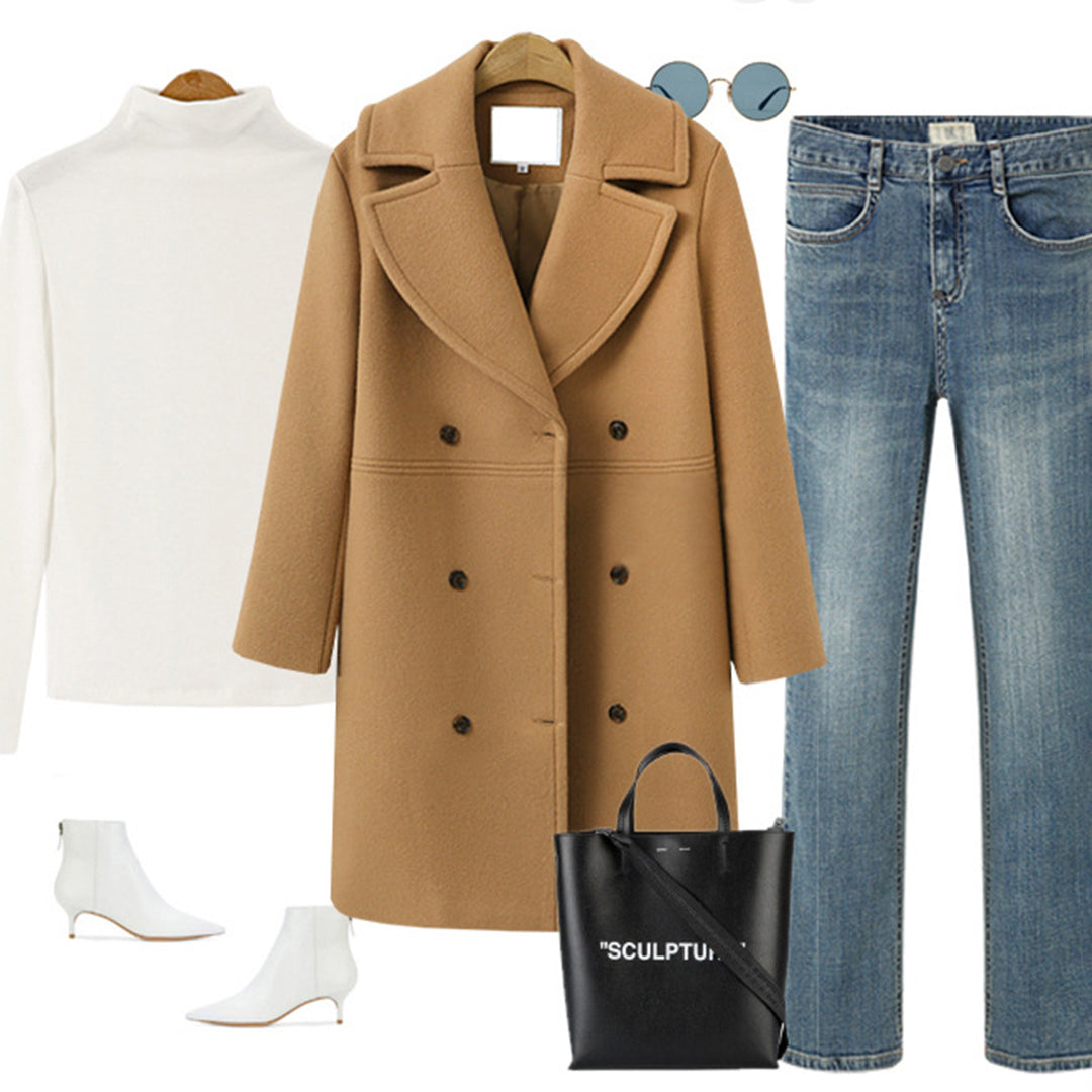 JADE PL. | Podwójnie Zapięty Długi Płaszcz Wełniany dla Kobiet