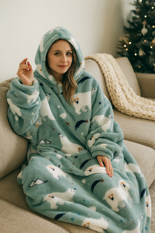 ICEY - Fleece Zimowy Koc z Kapturem