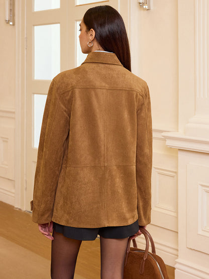 Akira | Zamszowa Marynarka z Kołnierzykiem i Guzikowym Zapięciem