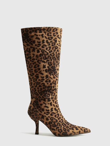 Kozaki do kolan w panterkę dla kobiet z ostrym noskiem i średnim obcasem – Stylowe i wygodne
