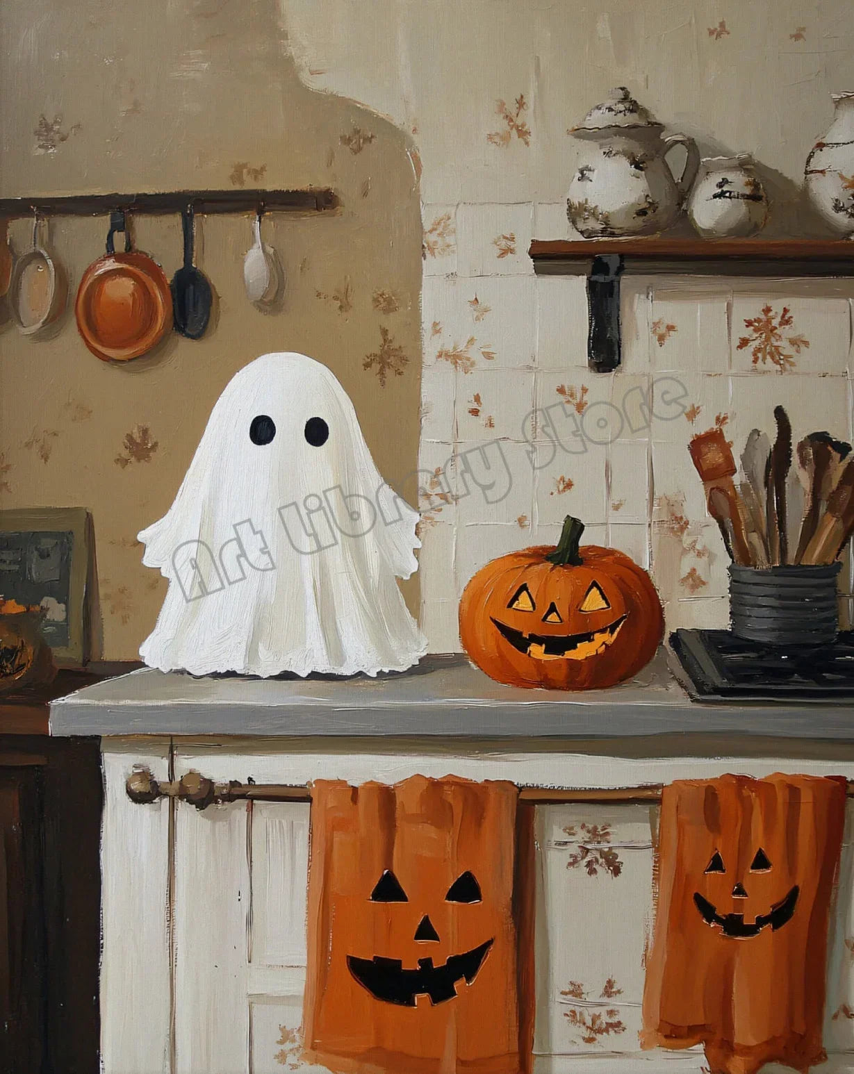 Zestaw plakatów Halloween z dyniami, duszkami i kotami — dekoracje ścienne na jesień