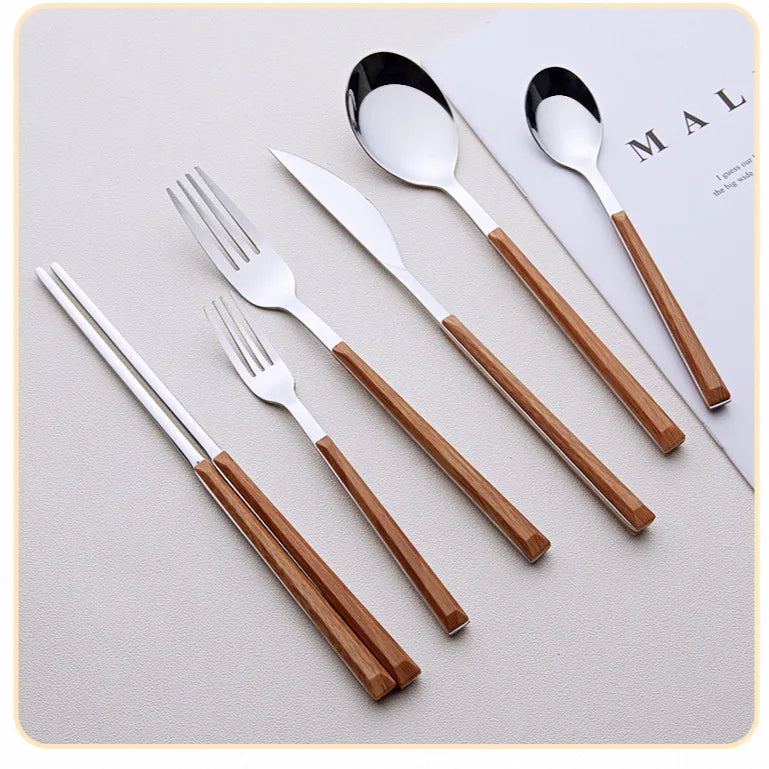 WoodStyle | 16-Piece Cutlery Set with Wooden Handle Imitation