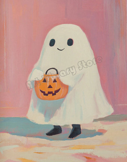 Zestaw plakatów Halloween z dyniami, duszkami i kotami — dekoracje ścienne na jesień