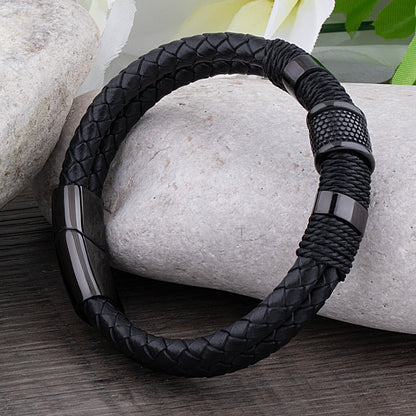 Damian – Elegancka skórzana bransoletka z czarnym stalowym zapięciem