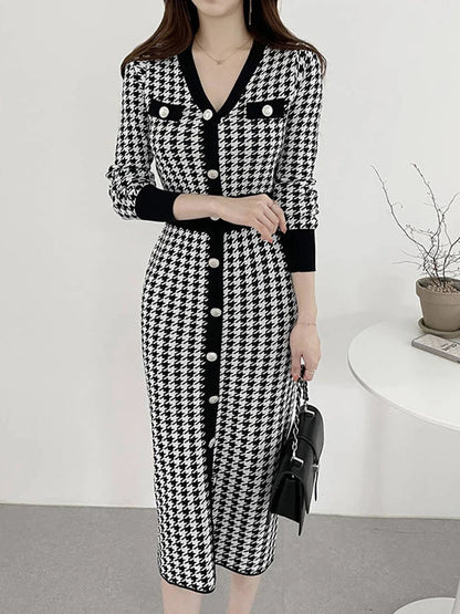 Charlotte – Stylowa midi-sukienka w wzór pied-de-poule