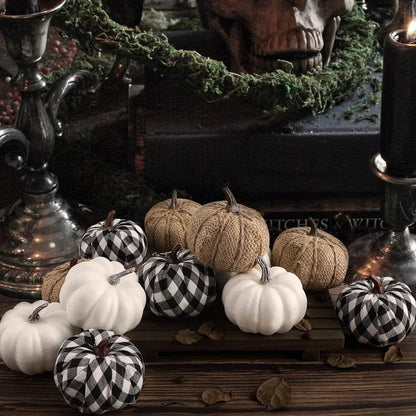 Zestaw 12 ozdobnych dyni z juty na jesień i Halloween