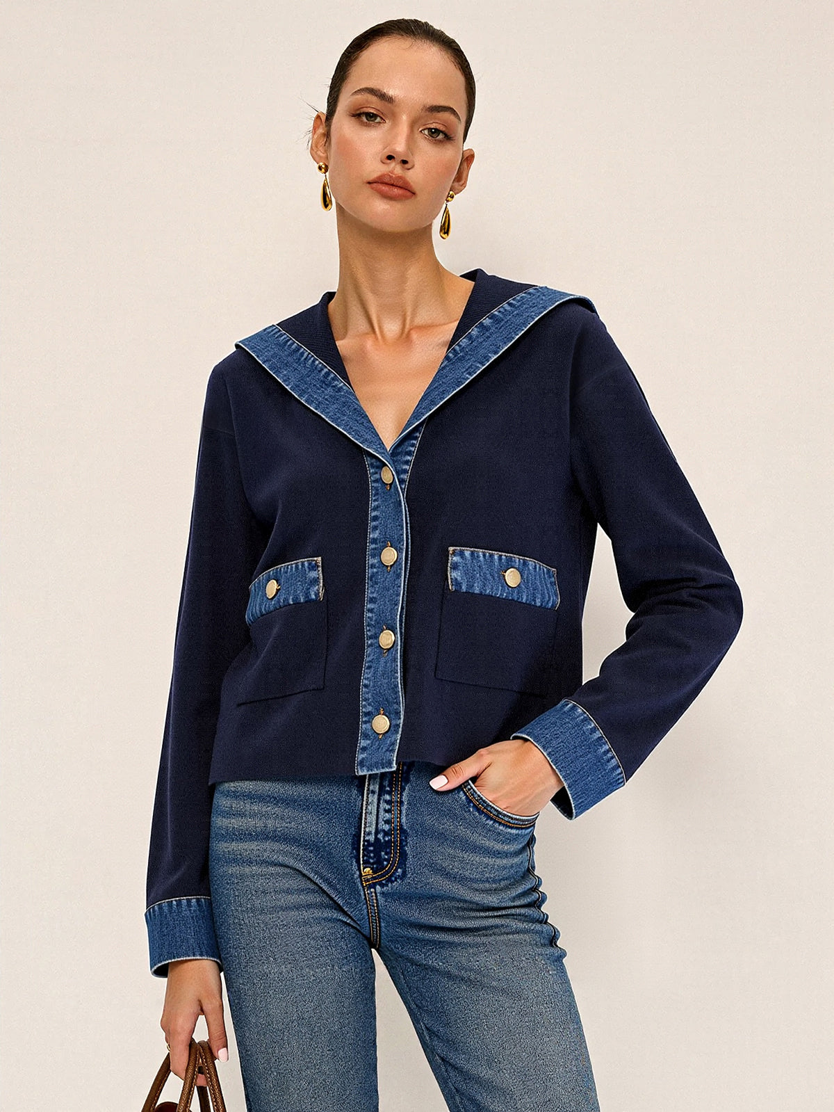 Racy | Denim Knit Jacket with Sailor Collar