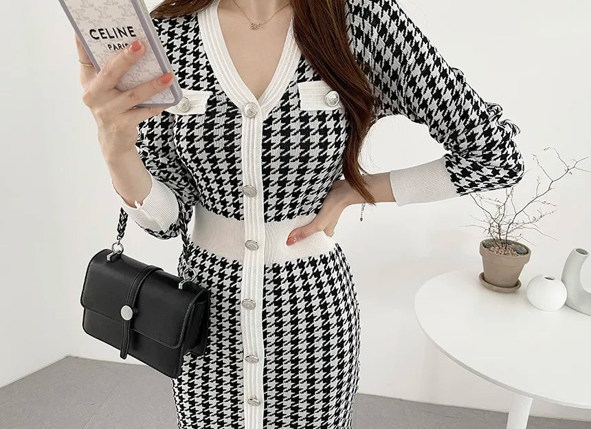 Charlotte – Stylowa midi-sukienka w wzór pied-de-poule