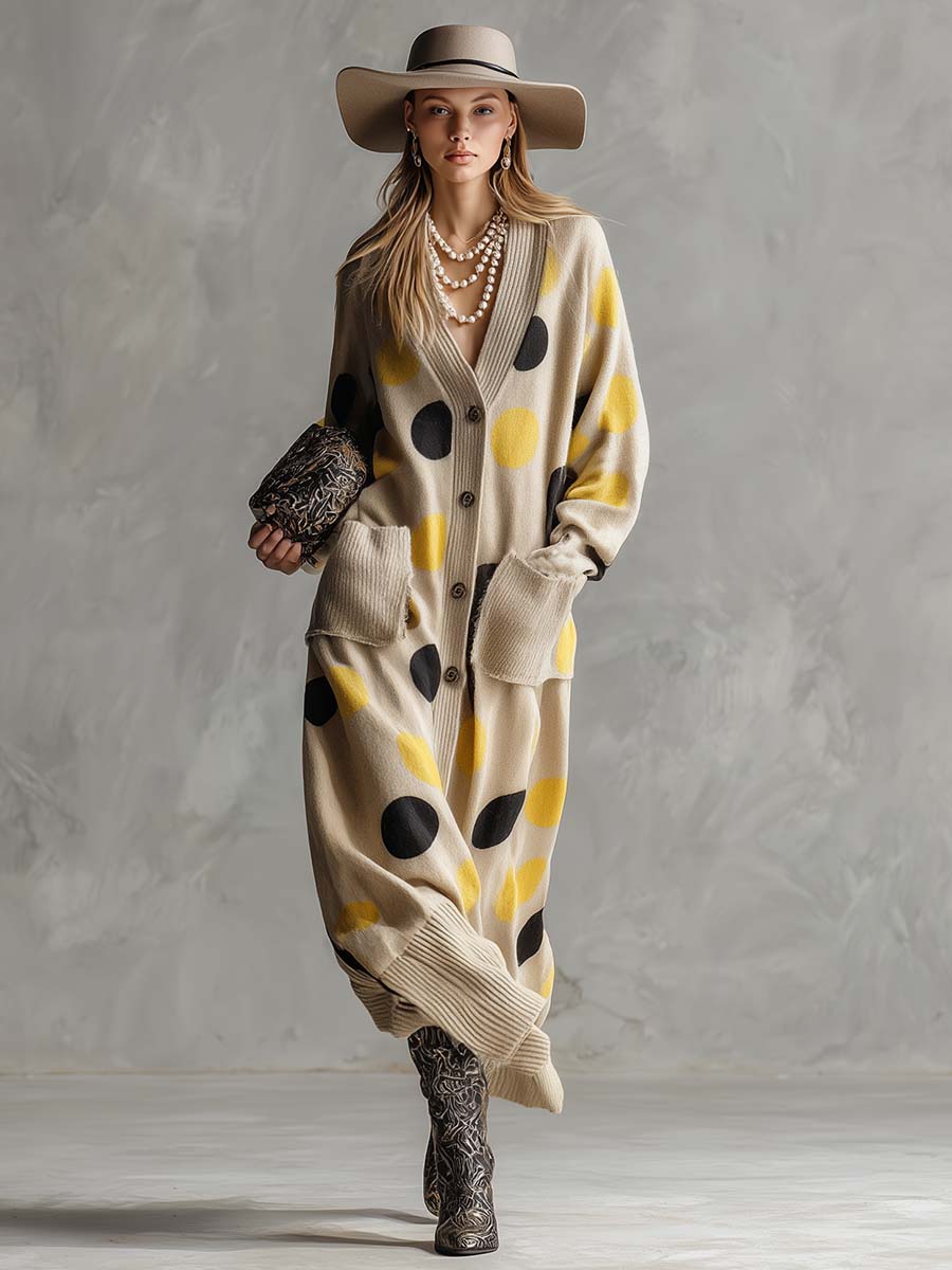 Vintage Style V-Neck Front Button Yellow and Black Polka Dot Dress with Beige Cardigan