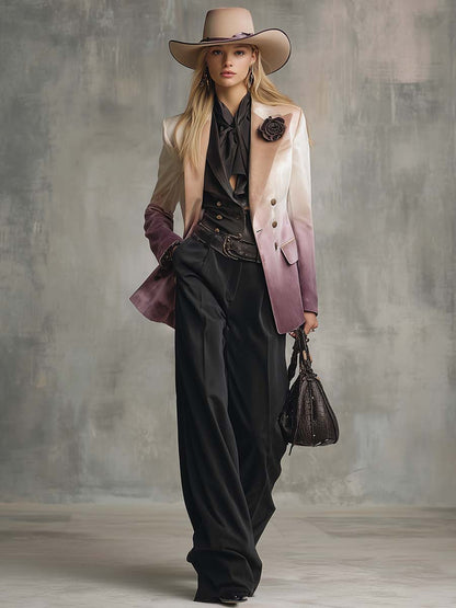 Elegancki Retro Żakiet z Klapami w Kształcie Szczytu z 3D Kwiatową Dekoracją w Beżowo-Fioletowym Gradientowym Welurze