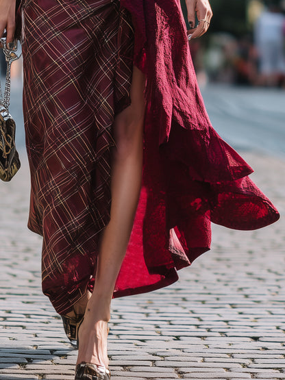 Casual Retro Red Plaid Patchwork Skirt