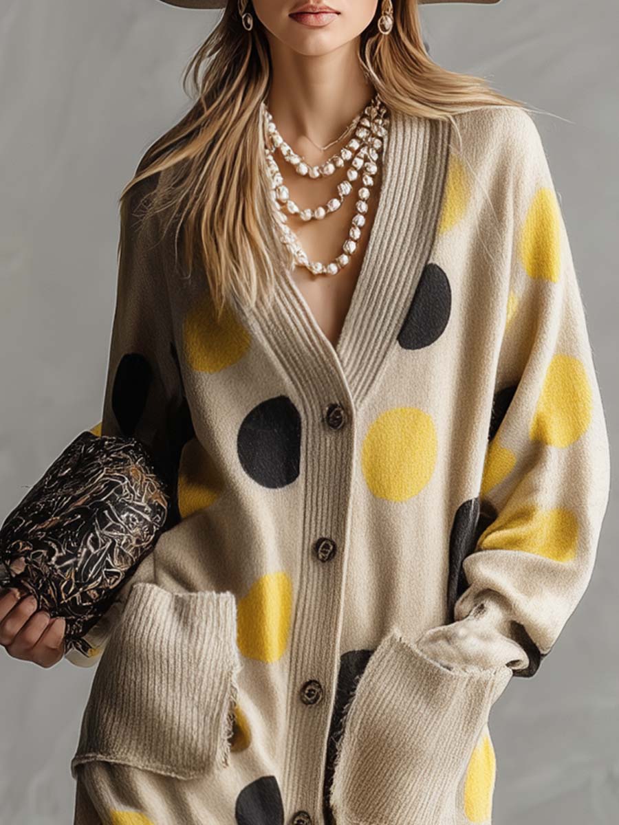 Vintage Style V-Neck Front Button Yellow and Black Polka Dot Dress with Beige Cardigan