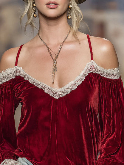 Welur T-shirt z dekoltem w serek, bez ramiączek, z koronkowym wykończeniem i długim rękawem