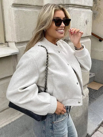 Damska Kurtka Bomber z Wełny – Guziki i Rękawy z Żebrowanym Wykończeniem – Casual Chic