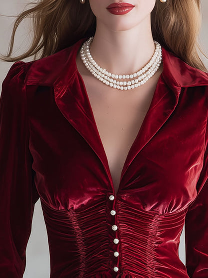 Stylowa Czerwona Welurowa Koszula Retro z Faldami i Długim Rękawem