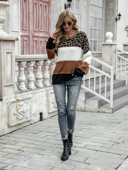 Elena - Damski sweter z panterkowym wzorem i kolorowymi blokami