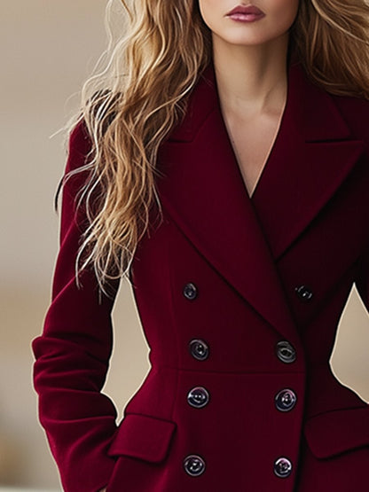 Damski długi płaszcz wełniany | Bordowy płaszcz z podwójnymi guzikami i klapami