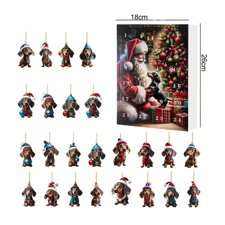 Kalendarz adwentowy z ozdobami choinkowymi – uroczy jamnik w świątecznym wydaniu