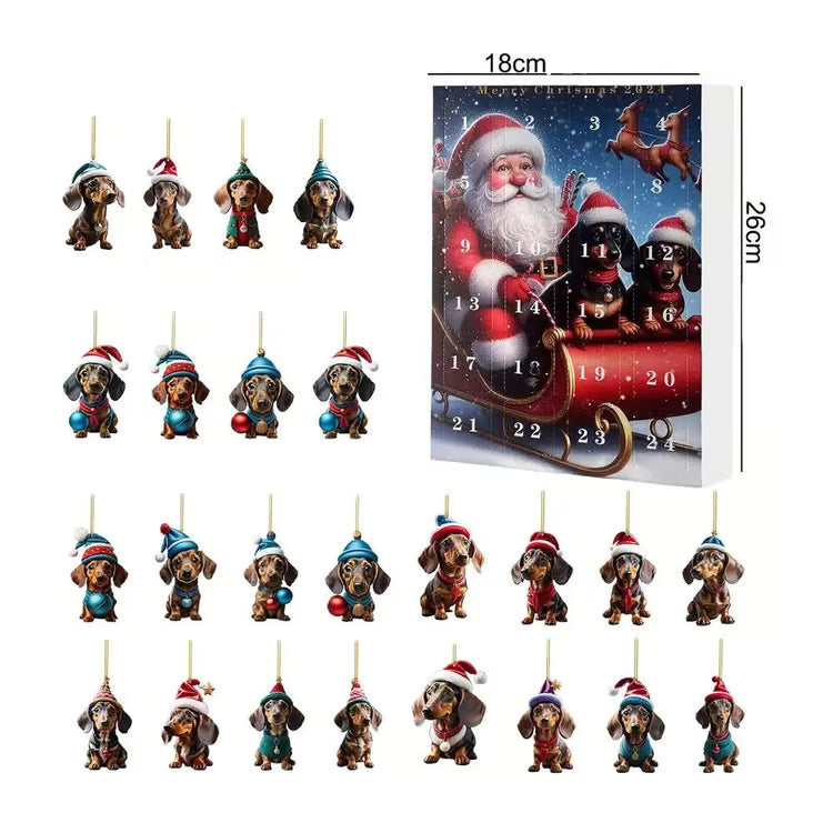 Kalendarz adwentowy z ozdobami choinkowymi – uroczy jamnik w świątecznym wydaniu