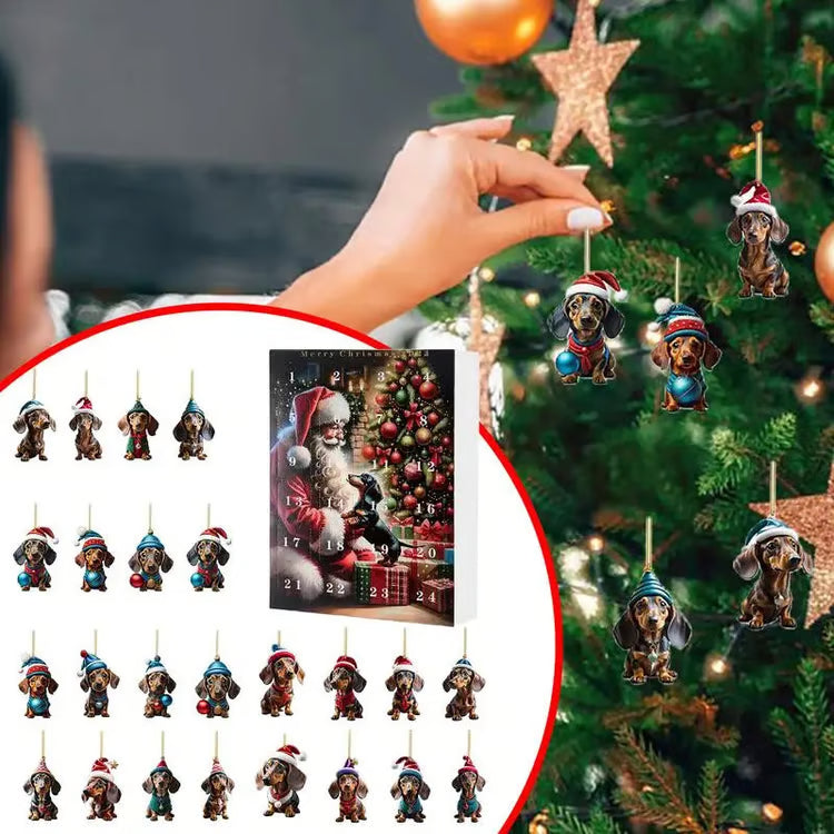 Kalendarz adwentowy z ozdobami choinkowymi – uroczy jamnik w świątecznym wydaniu